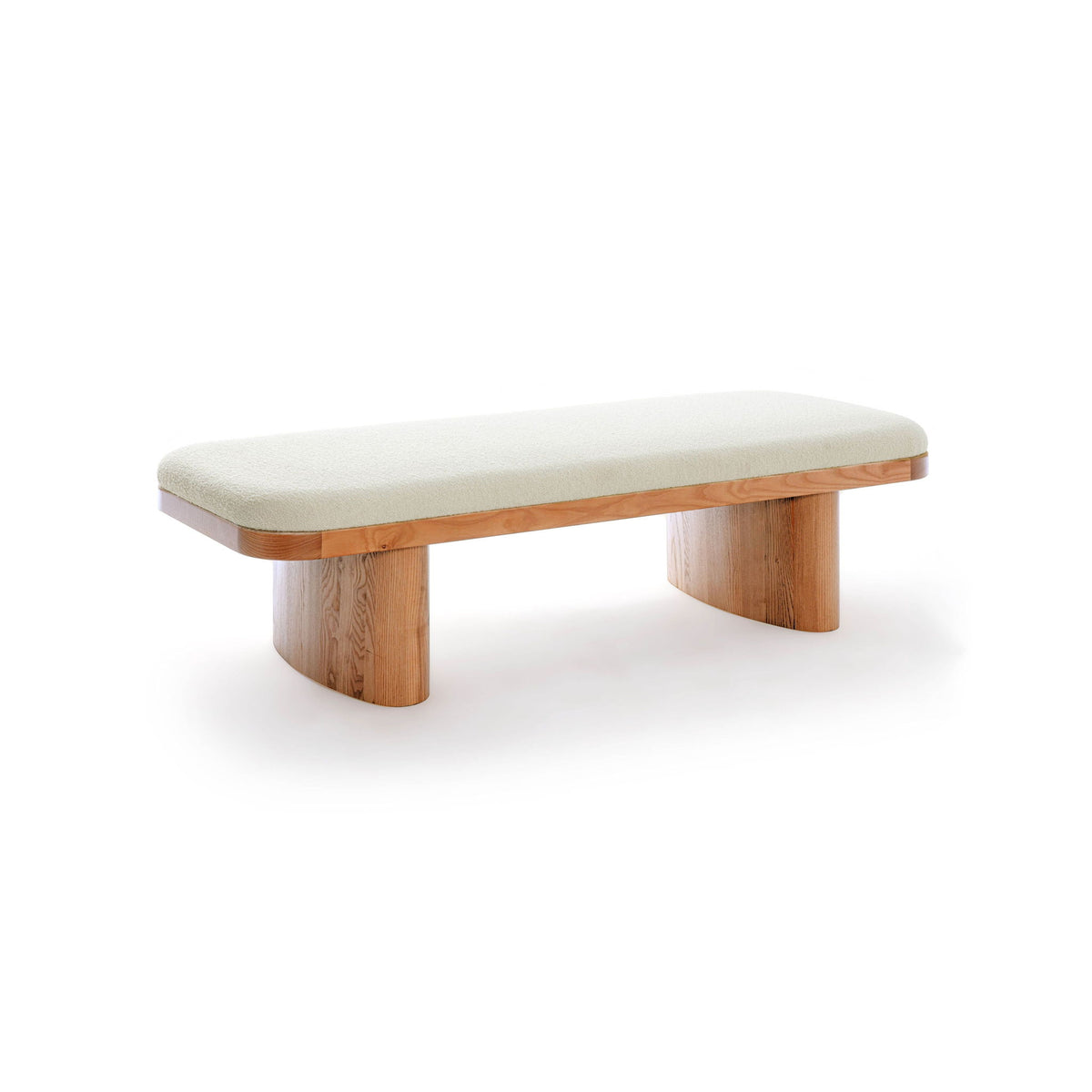 Straight upholstered bench with cream cushion and warm-wood base supports