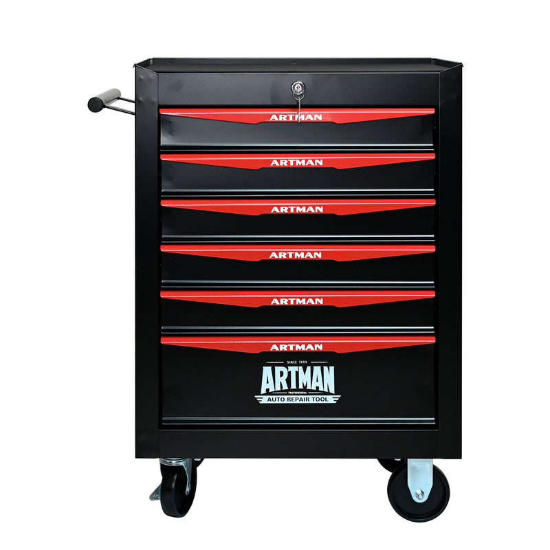 Rolling tool storage cabinet with drawers, black body and red front stripes on four caster wheels