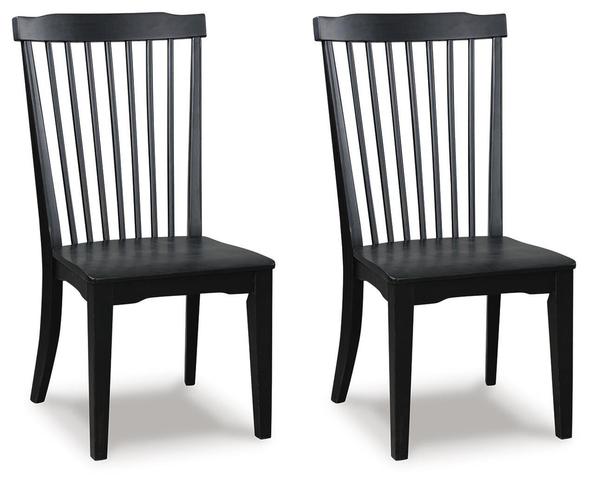 Set of 2 black dining side chairs with slat backs and dark upholstered seats