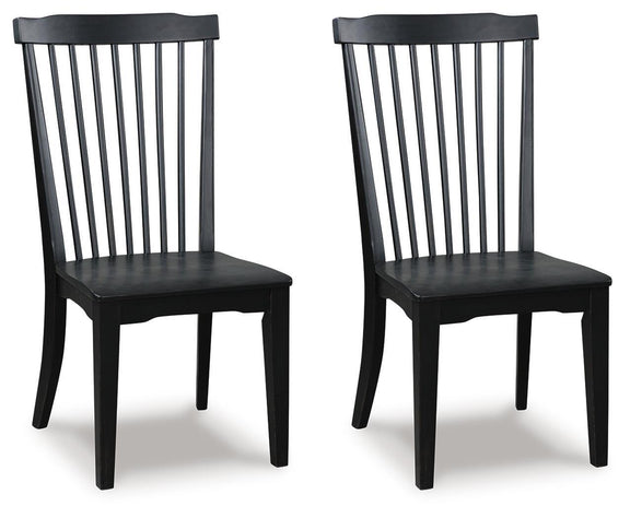 Set of 2 black dining side chairs with slat backs and dark upholstered seats