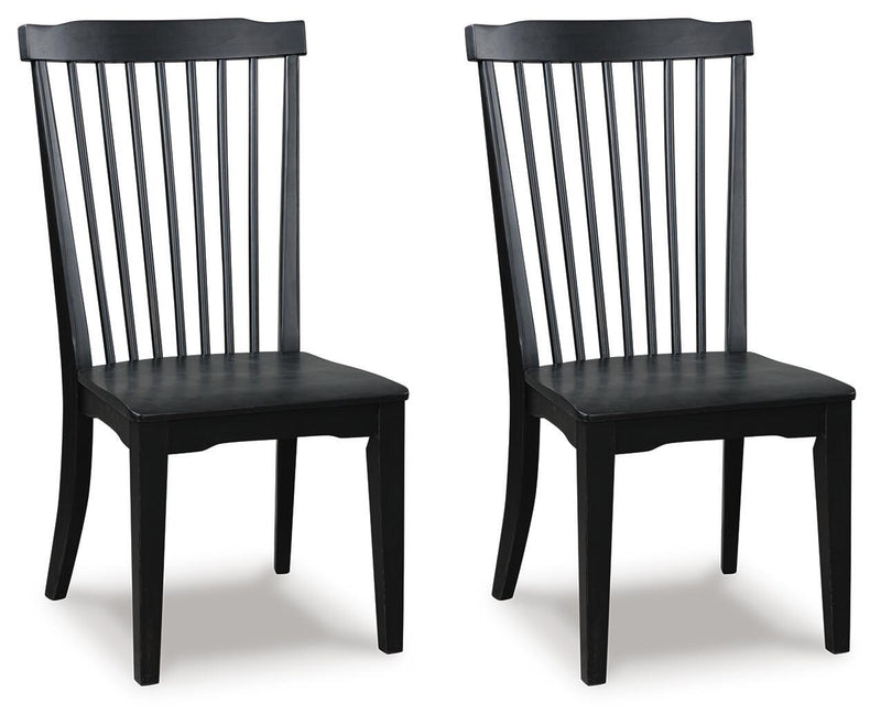 Set of 2 black dining side chairs with slat backs and dark upholstered seats