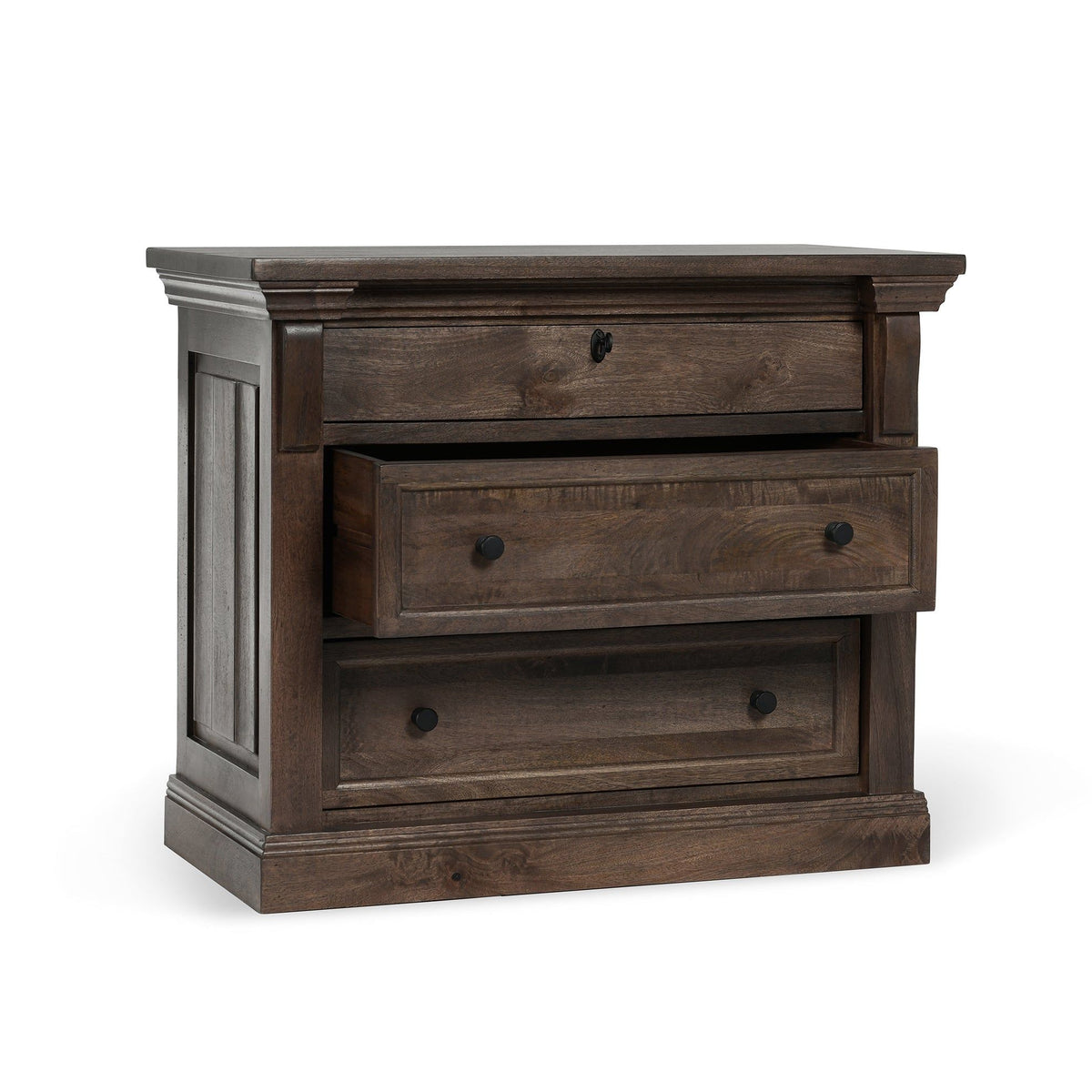 Cocoa brown wood nightstand with three drawers, black pulls, and paneled side