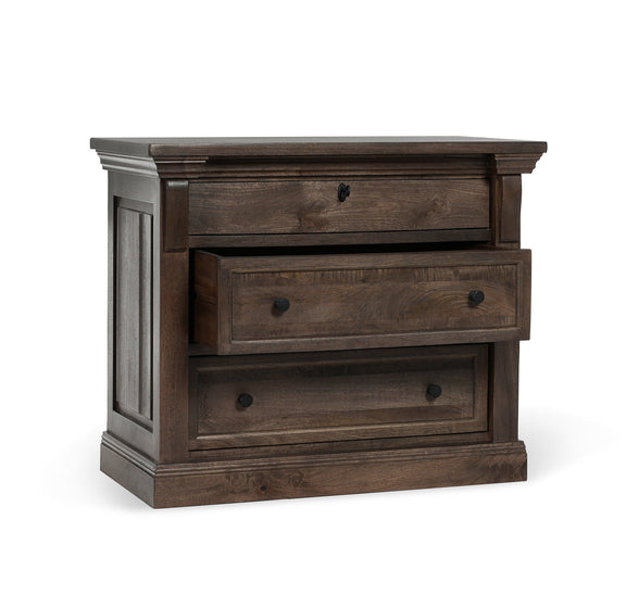 Cocoa brown wood nightstand with three drawers, black pulls, and paneled side