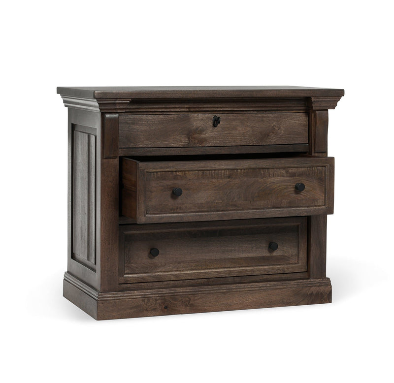 Cocoa brown wood nightstand with three drawers, black pulls, and paneled side