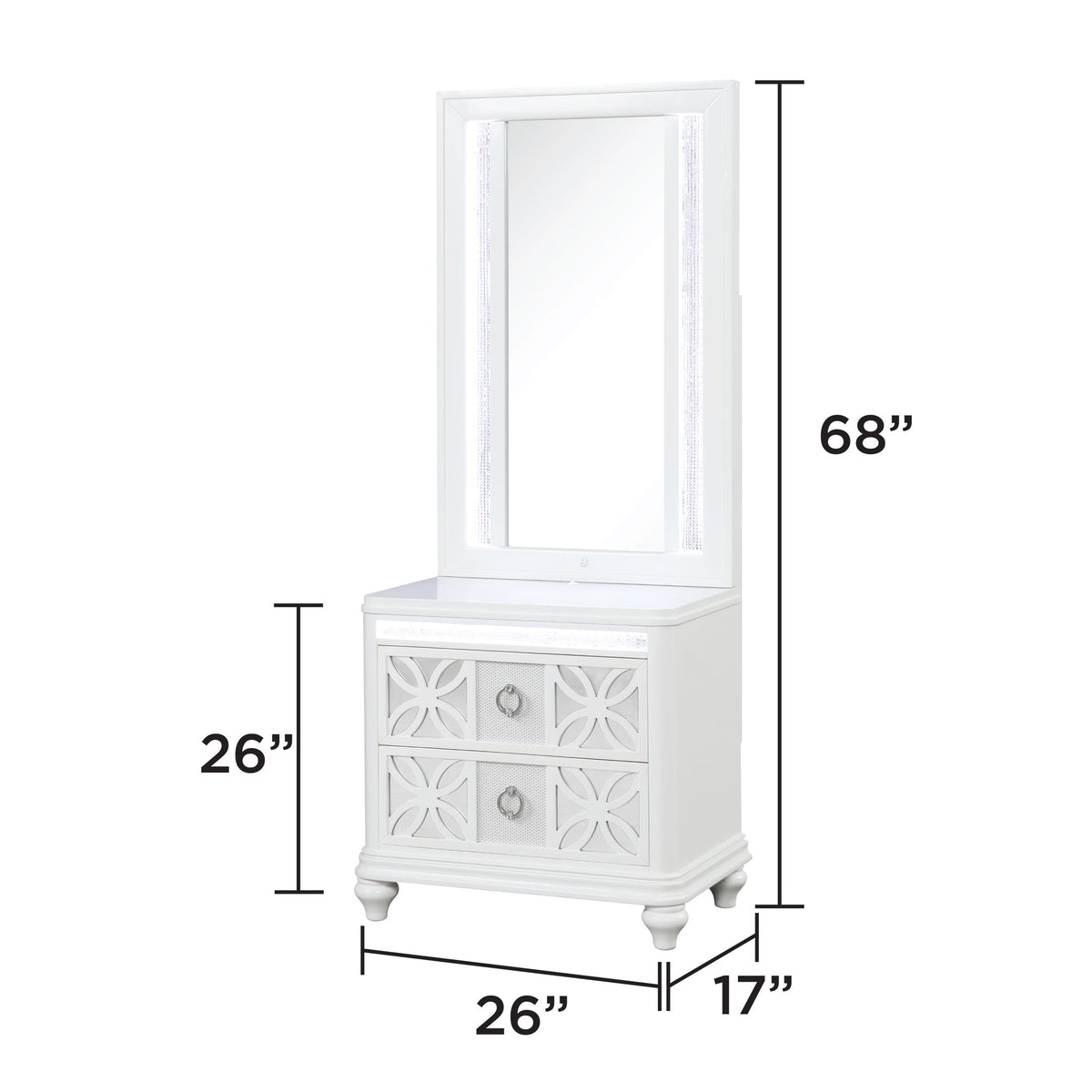 White LED vanity mirror with cabinet base, 68 in tall, 26 in wide, 17 in deep.