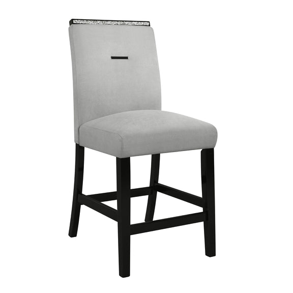 Light gray upholstered bar stool with padded seat, rectangular back, and black legs