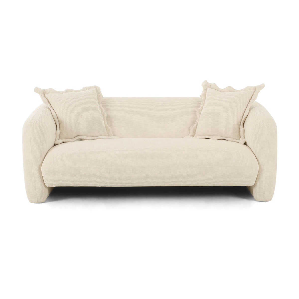 Beige fabric loveseat with two back pillows and thick rounded armrests