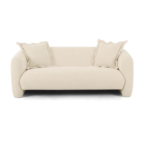Beige fabric loveseat with two back pillows and thick rounded armrests