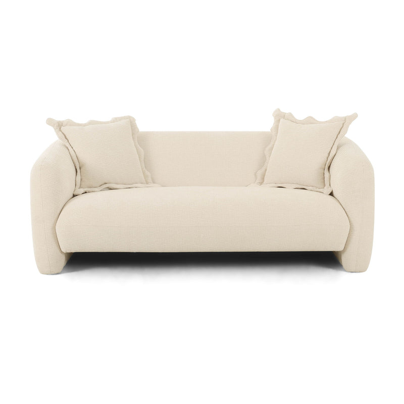 Beige fabric loveseat with two back pillows and thick rounded armrests