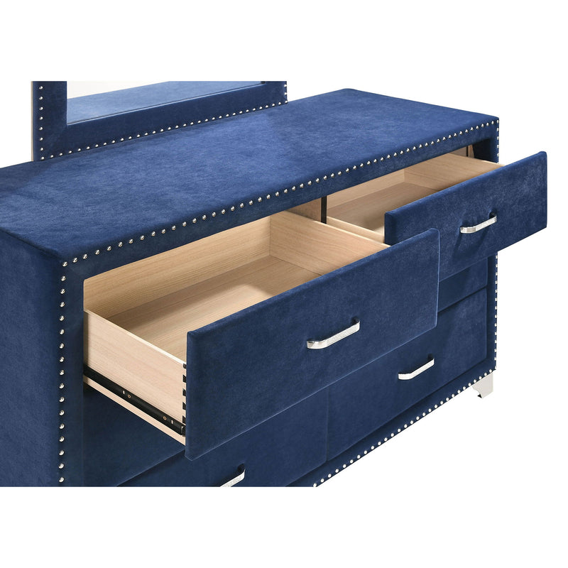 Blue upholstered dresser with mirror, open top and drawer interior, silver bar pulls