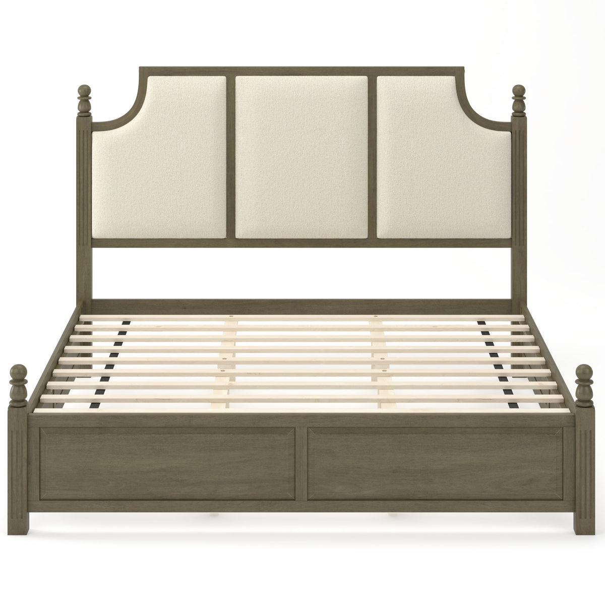 Upholstered platform bed frame with tall headboard, brown wood, cream upholstered panels