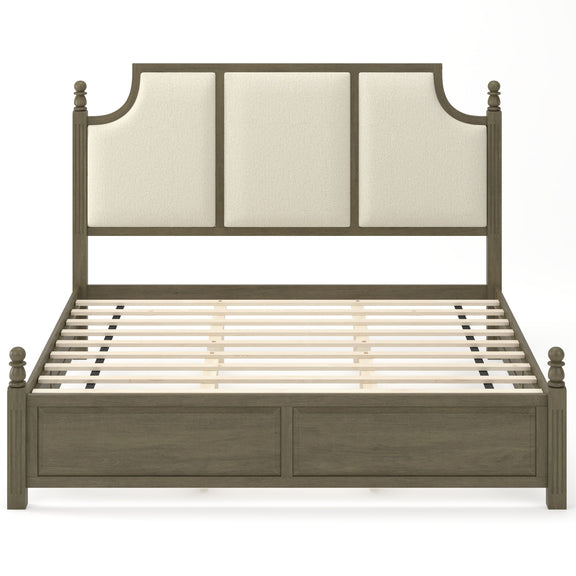 Upholstered platform bed frame with tall headboard, brown wood, cream upholstered panels