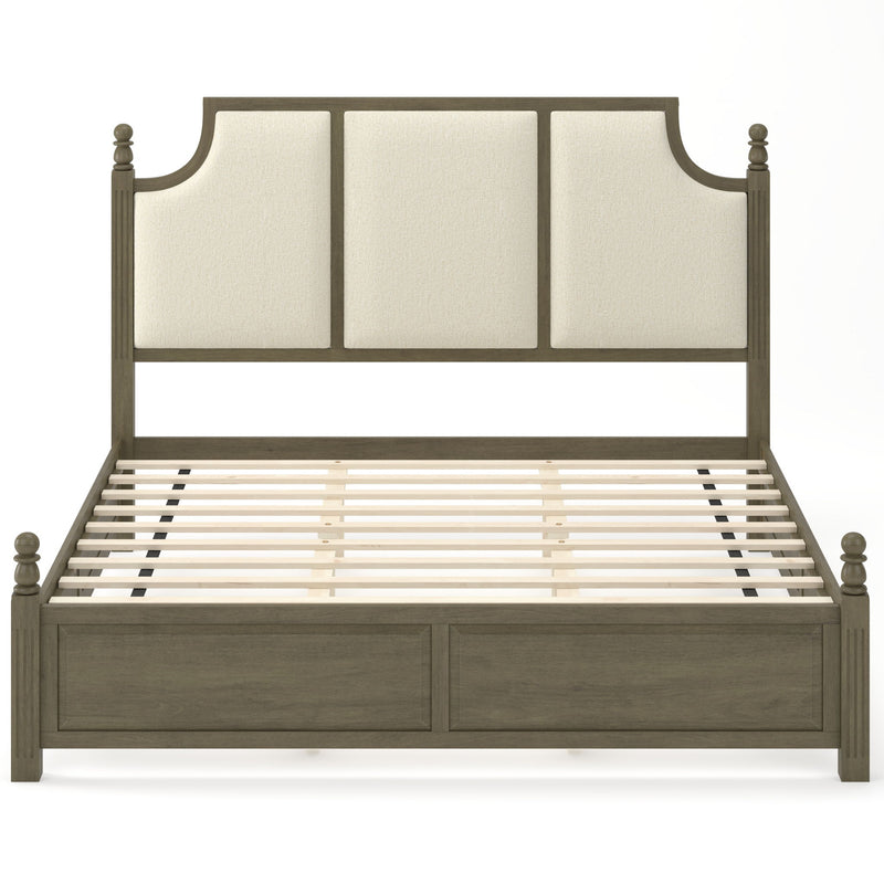 Upholstered platform bed frame with tall headboard, brown wood, cream upholstered panels