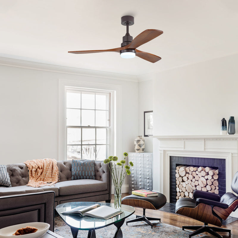 Coffee-brown ceiling fan with LED light in living room, 3 wood blades
