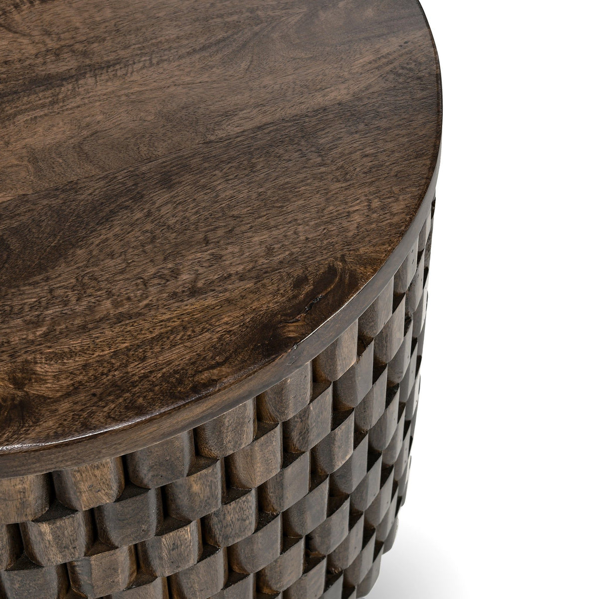 Round end table tabletop edge with dark wood grain and woven block side