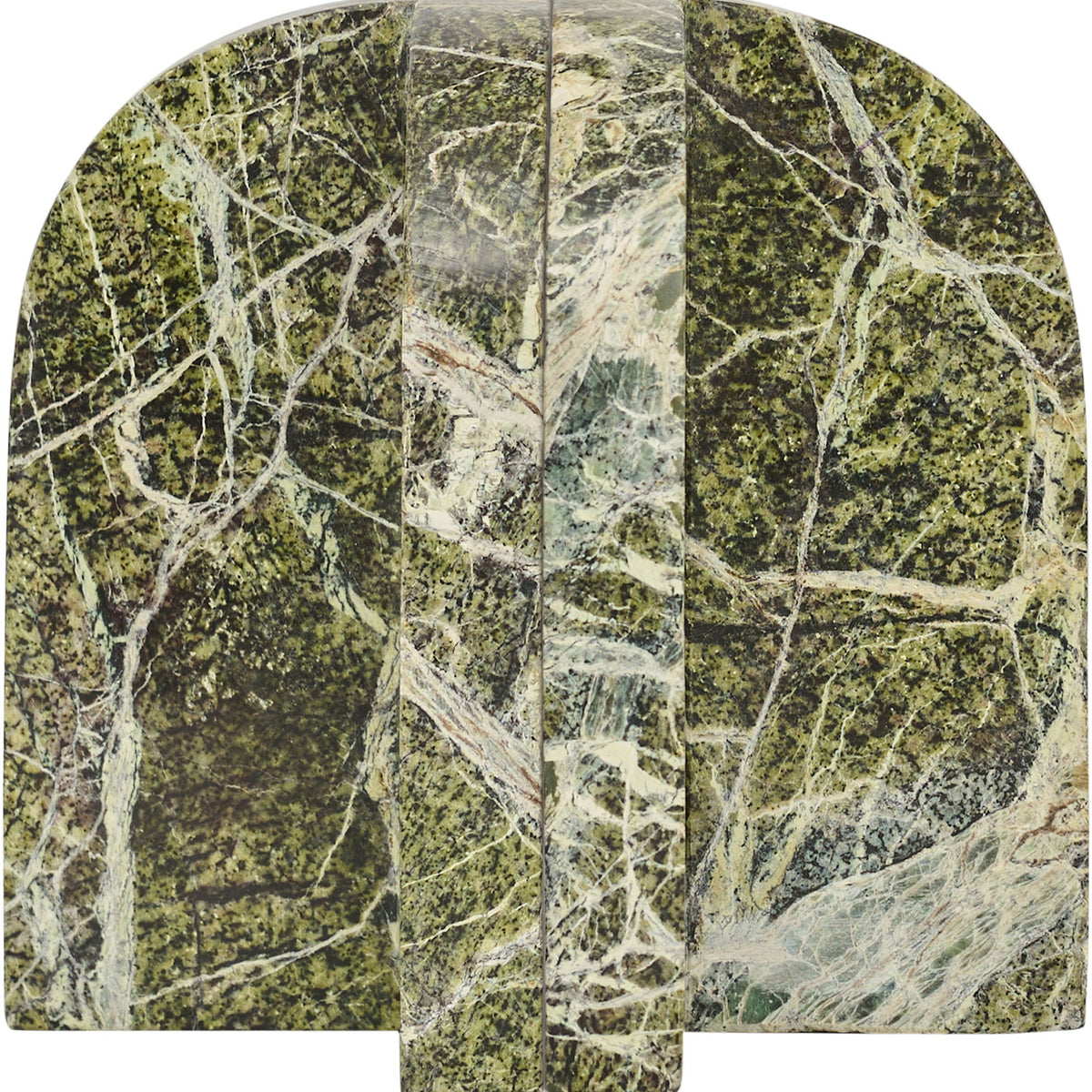 Green marble bookends with white veining and arched backs, close-up view