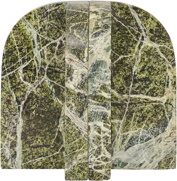 Green marble bookends with white veining and arched backs, close-up view