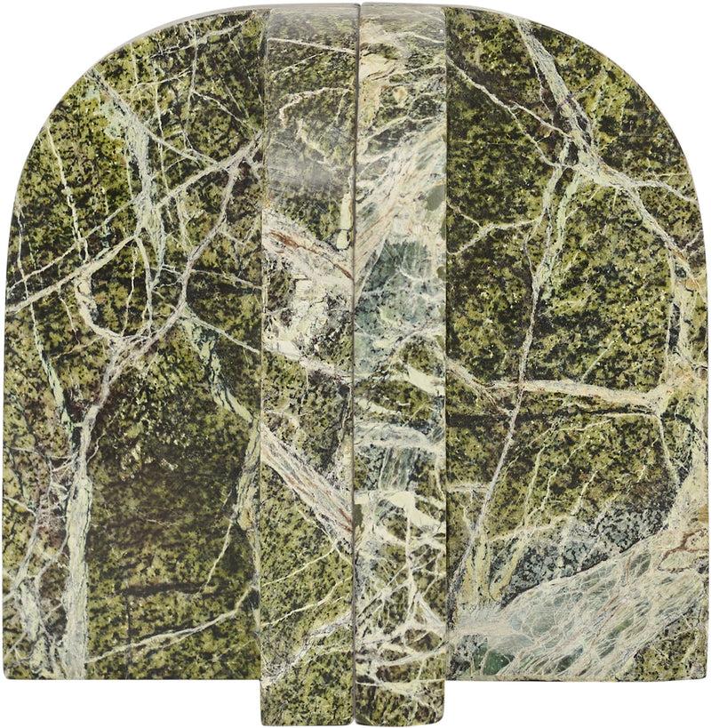 Green marble bookends with white veining and arched backs, close-up view