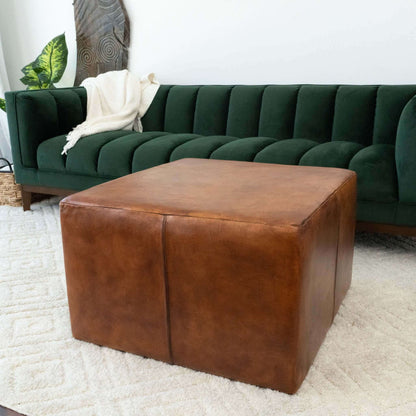 Mallory - Mid-Century Square Genuine Leather Upholstered Ottoman - Antique Brown / Tan