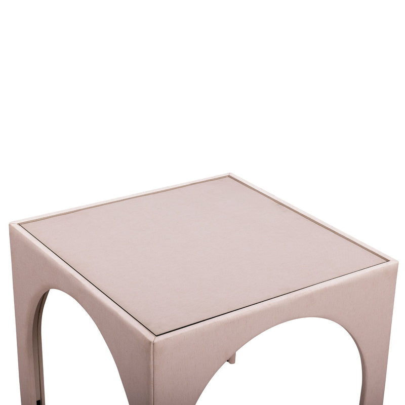 Light pink fabric game table with arch leg openings and smooth tabletop
