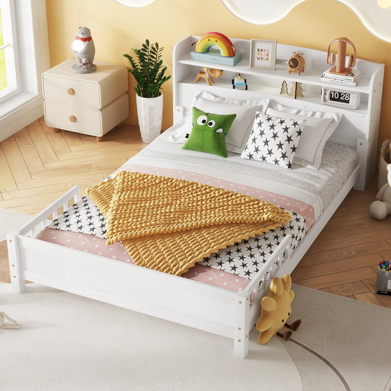 Full Pine Wood Bed with Bookcase Headboard, LED Motion Sensor Light, Bed Guardrails, White