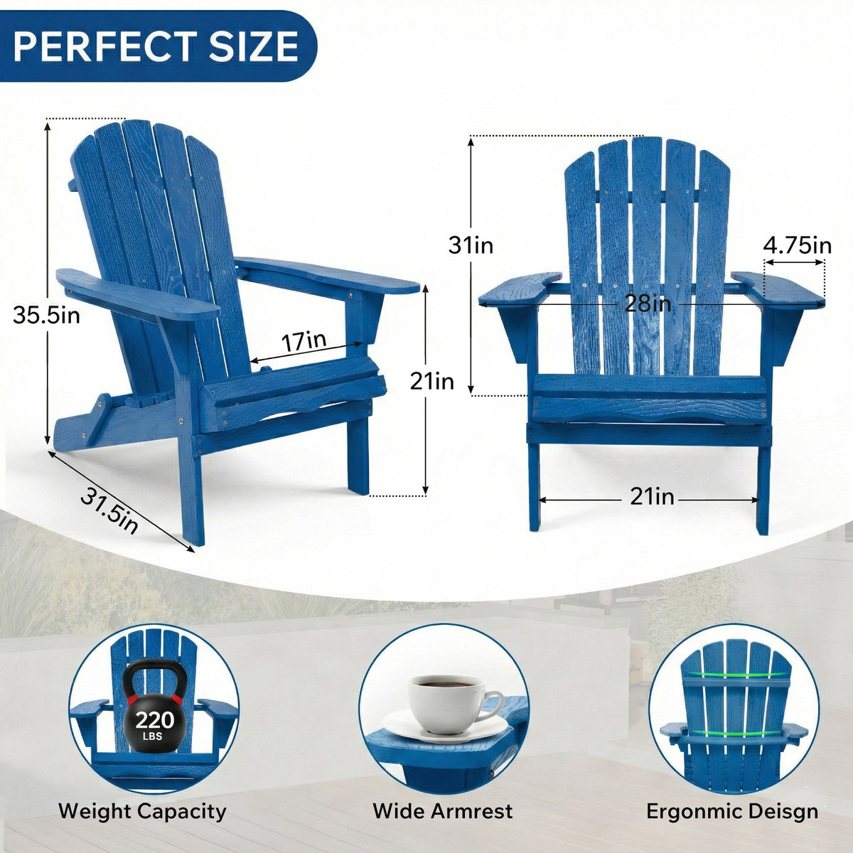 Navy folding Adirondack lounge chair with embossed wood-grain texture, size overview