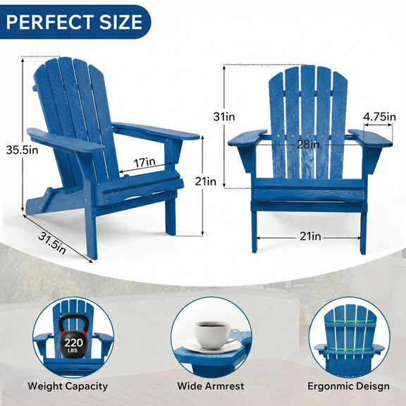 Navy folding Adirondack lounge chair with embossed wood-grain texture, size overview