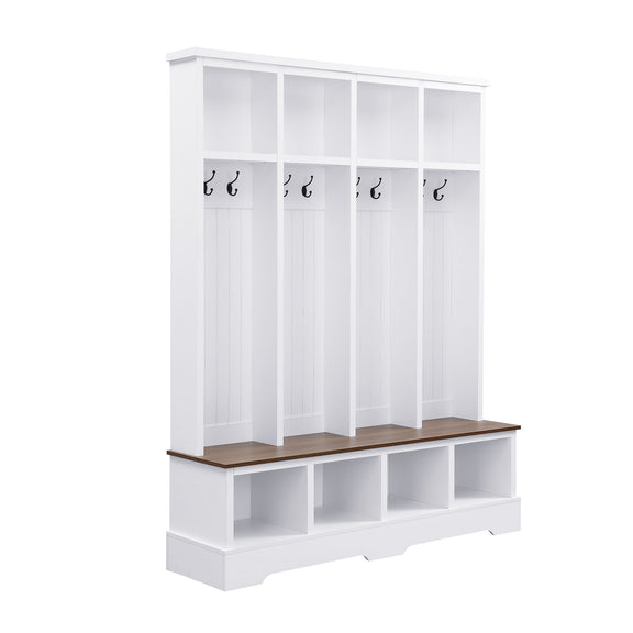 White hall tree bench with 8 hooks, open cubbies, and a wood seat top.