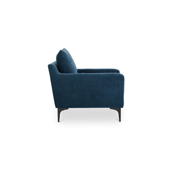 Blue upholstered armchair with tall back cushion, curved arms, and dark legs
