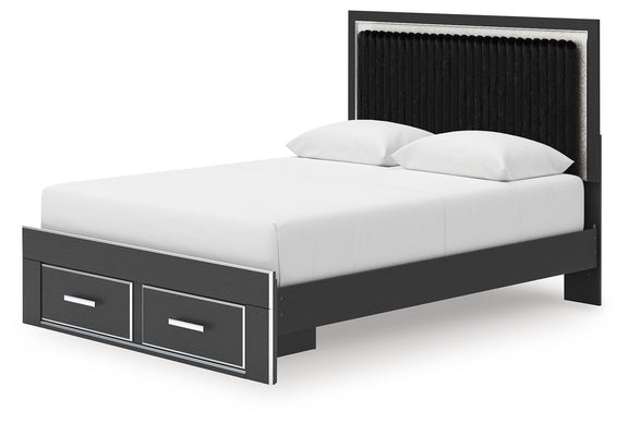 Upholstered panel platform storage bed, black headboard and 2 front drawers, white mattress