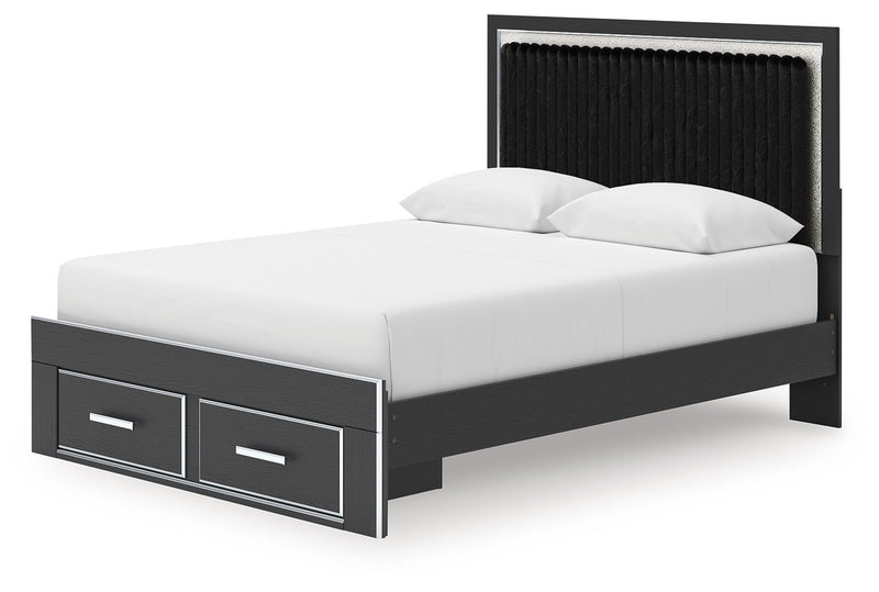 Upholstered panel platform storage bed, black headboard and 2 front drawers, white mattress