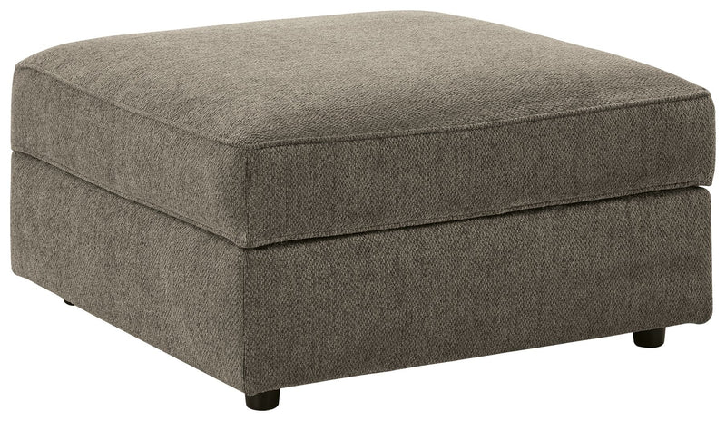 Putty fabric storage ottoman with square padded top and tapered legs