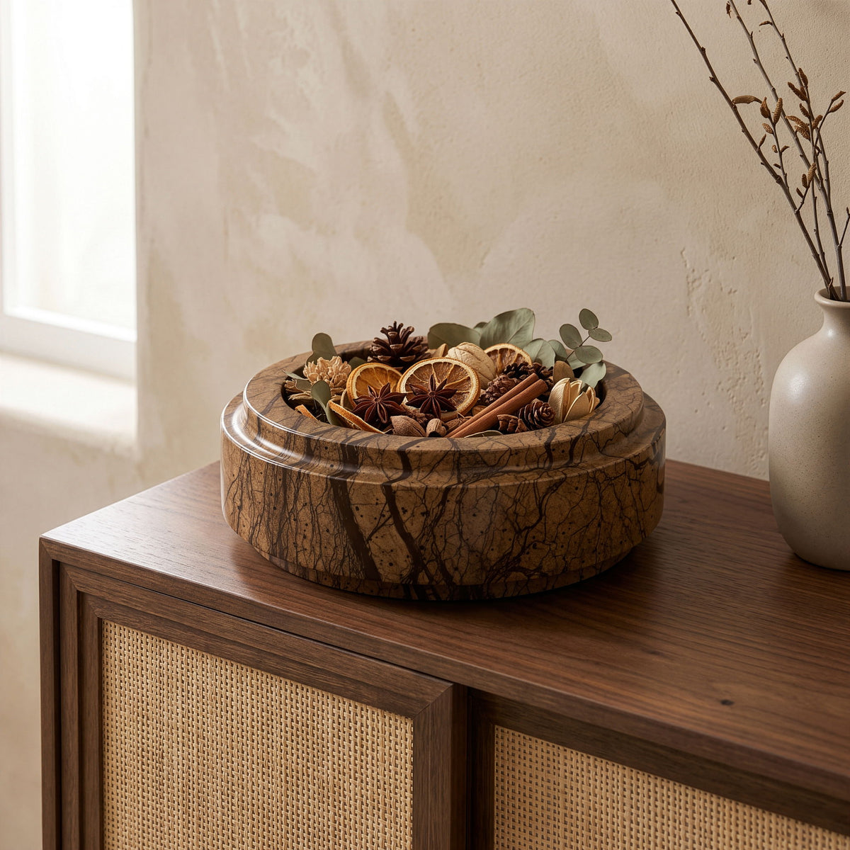 Green marble bowl with rounded rim and clear protective lid, filled with dried botanicals.