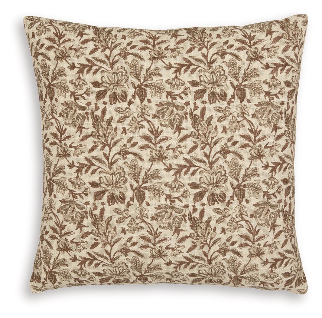 Tan and brown floral print square throw pillow with stitched edges