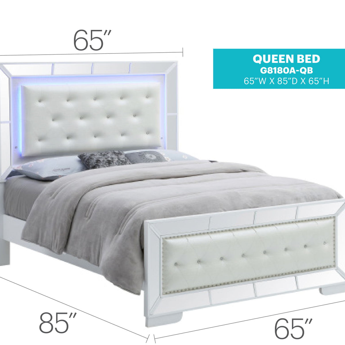 Queen bed, 65 in x 85 in x 65 in; tufted light-gray headboard and footboard