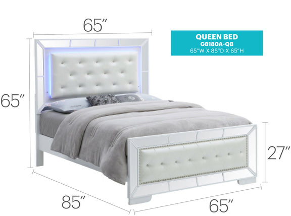Queen bed, 65 in x 85 in x 65 in; tufted light-gray headboard and footboard