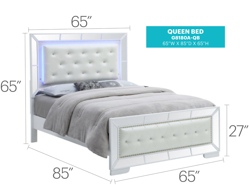 Queen bed, 65 in x 85 in x 65 in; tufted light-gray headboard and footboard