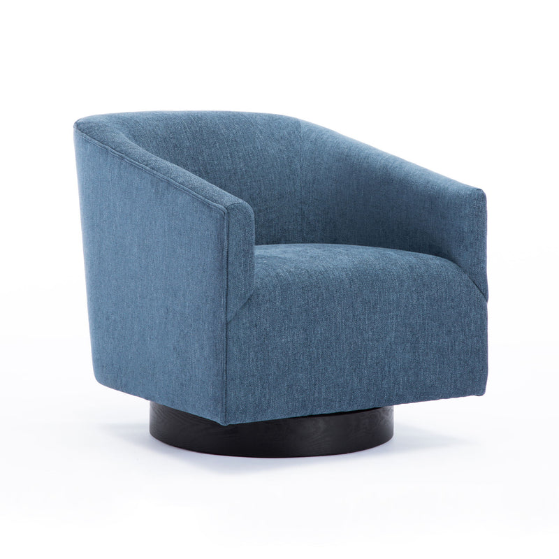 Blue fabric swivel accent chair with rounded arms and black circular base