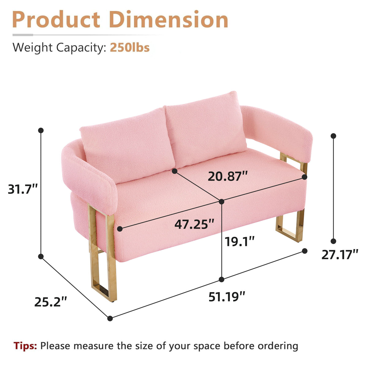 Pink upholstered side chair with rounded arms, back cushion, and gold-tone legs