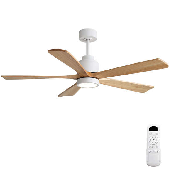 White ceiling fan with LED light and 5 wood blades, plus handheld remote shown