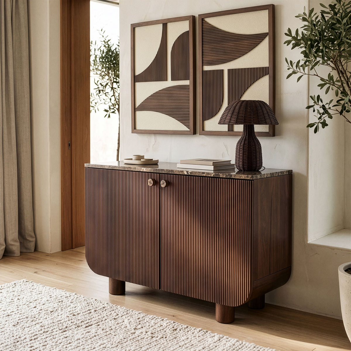 Dark brown mango wood sideboard with two doors and round knobs
