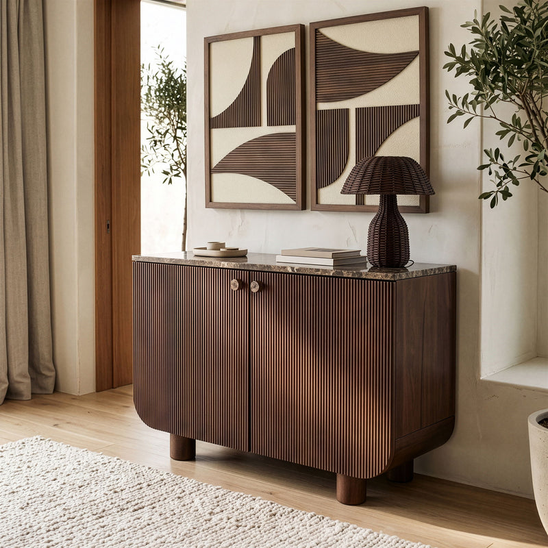 Dark brown mango wood sideboard with two doors and round knobs