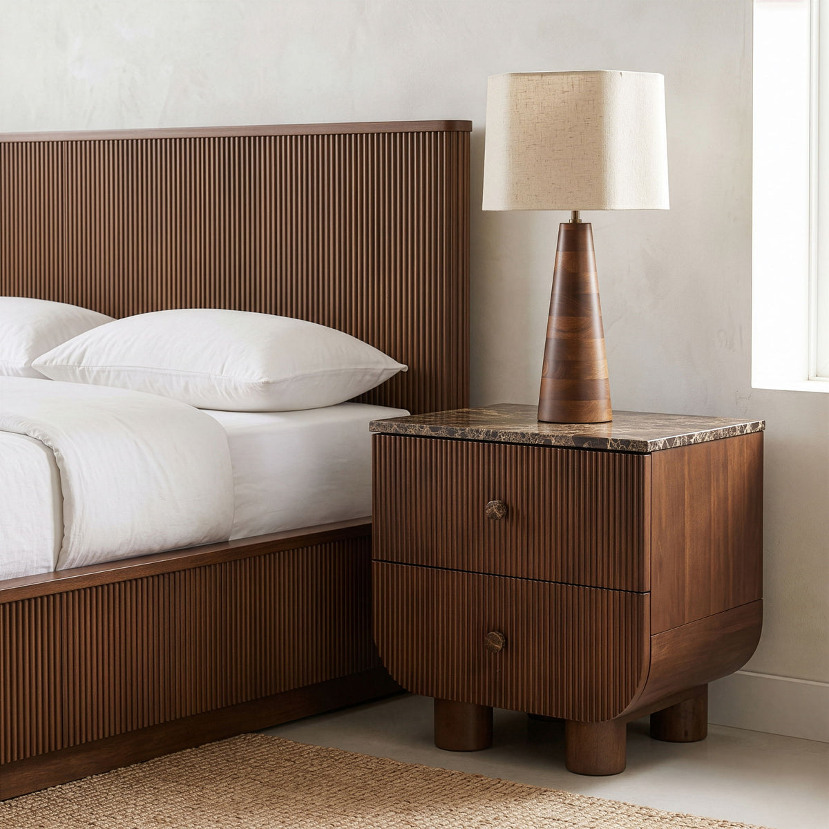 Mango wood nightstand with two drawers and speckled stone top