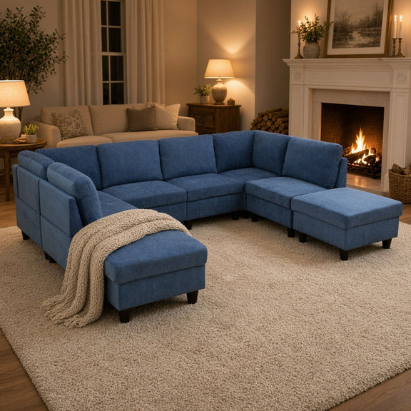 Blue U-shape modular sectional sofa with chaise ottoman and tufted back cushions