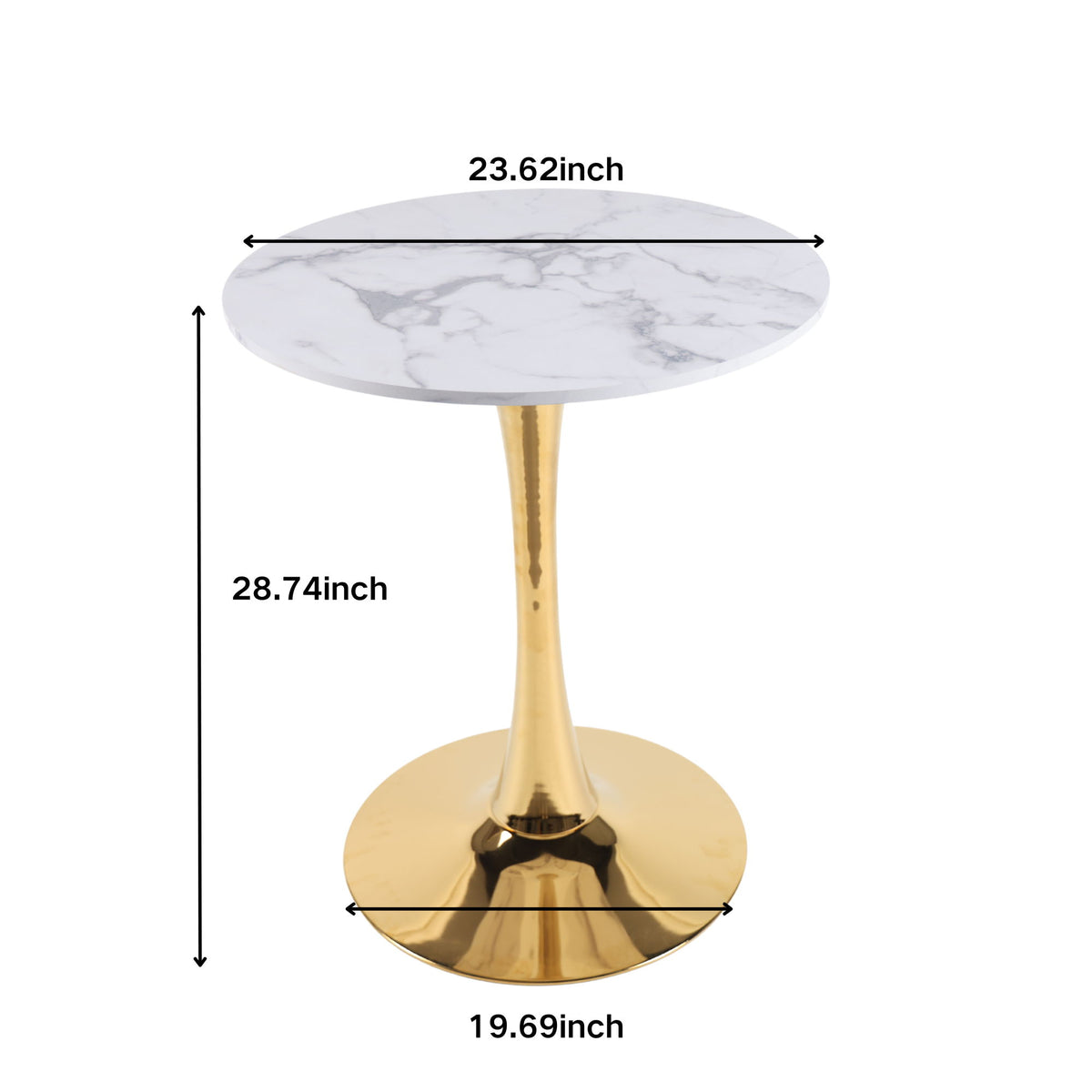 Round pedestal dining table with white marble-look top and gold pedestal base