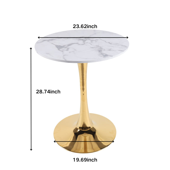 Round pedestal dining table with white marble-look top and gold pedestal base