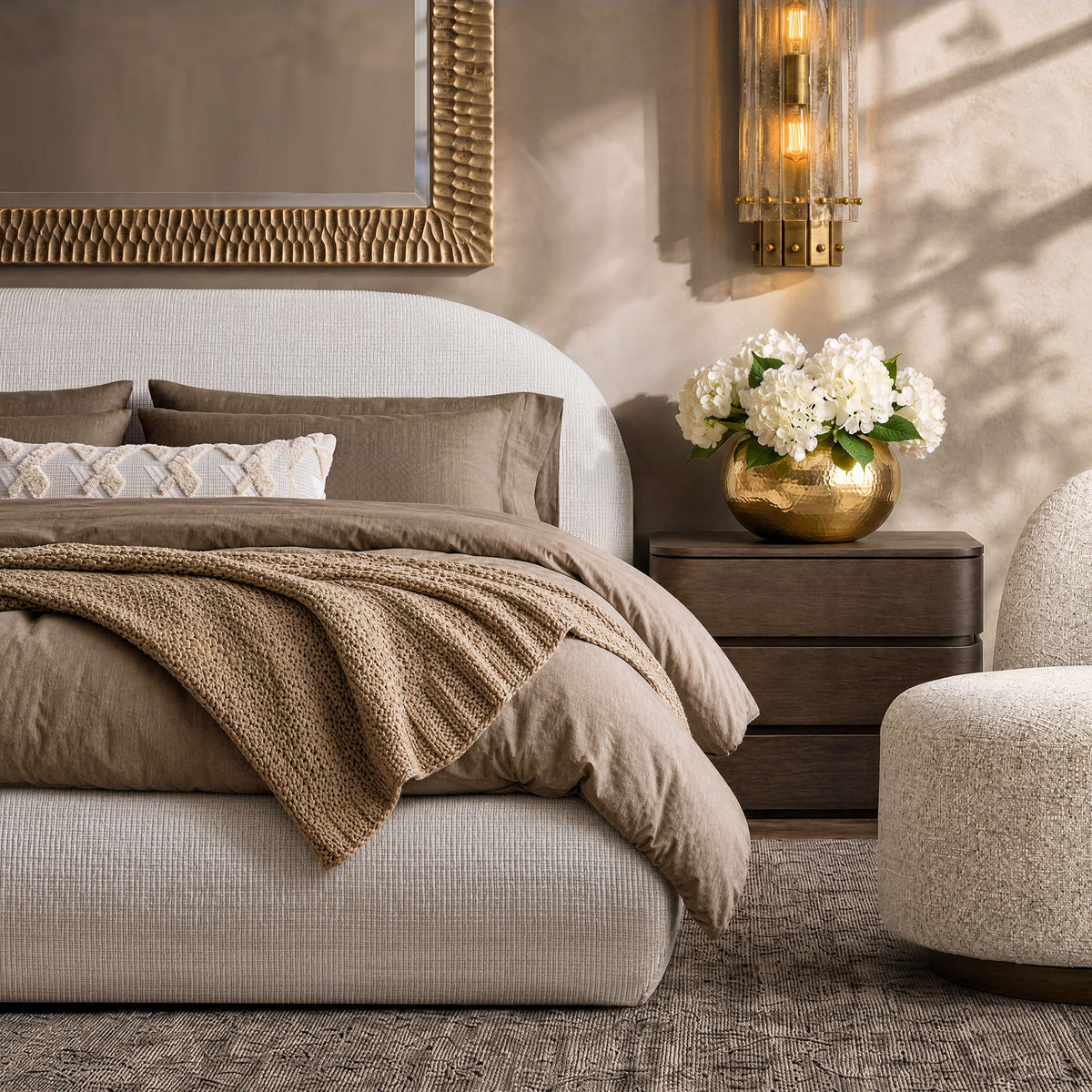 Upholstered platform bed in dark brown fabric with padded headboard and slat support