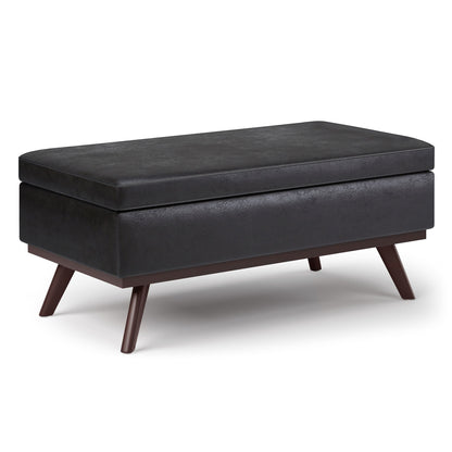 Lift-top storage ottoman coffee table, faux leather, dark black finish, tapered legs