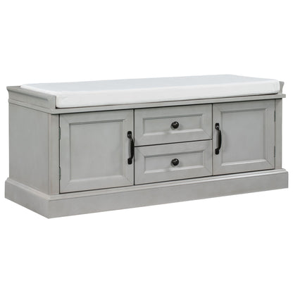Dark gray storage bench with two cabinets, two drawers, and white padded top