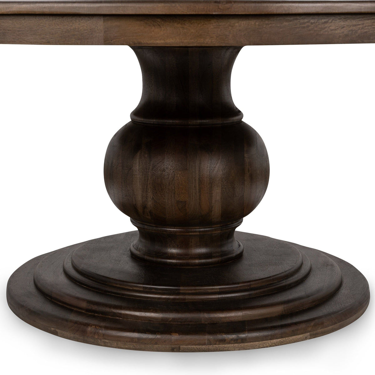Dark brown pedestal base and tabletop support for round dining table